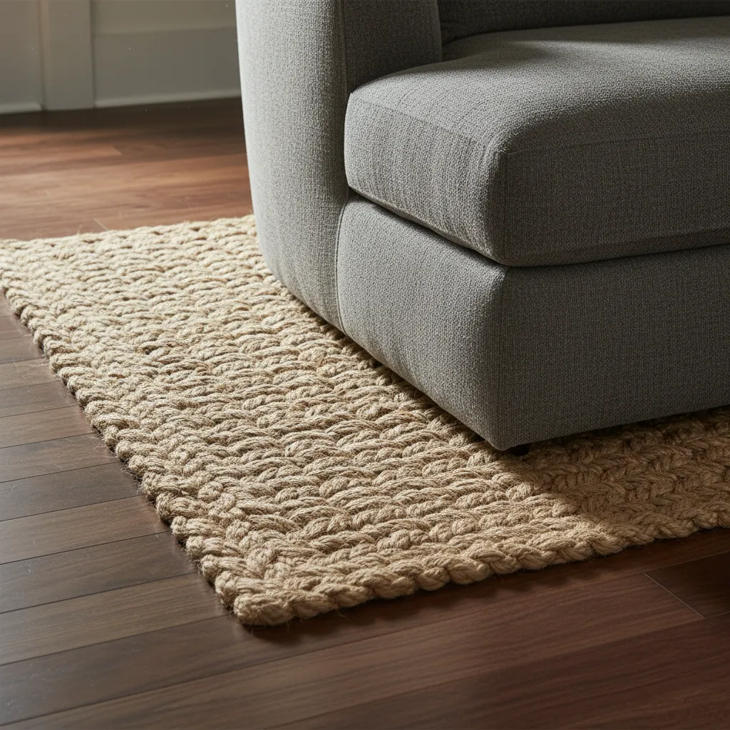 Tactile Jute Rug Texture Close up of tan jute rug on dark wood floor with gray sofa
