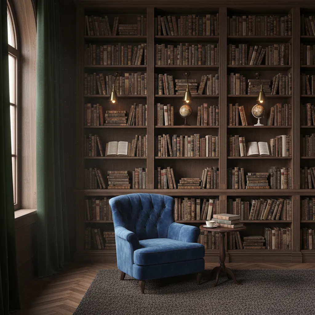 A dark wood floor-to-ceiling bookcase filled with vintage books for a moody dark academia bedroom