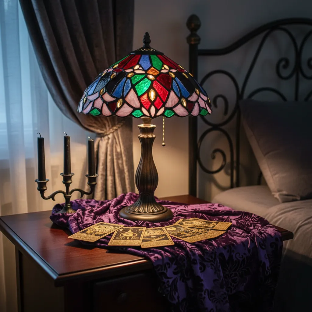Thrifted Vintage Stained Glass Lamp Vintage stained glass lamp on a nightstand providing moody bedroom lighting