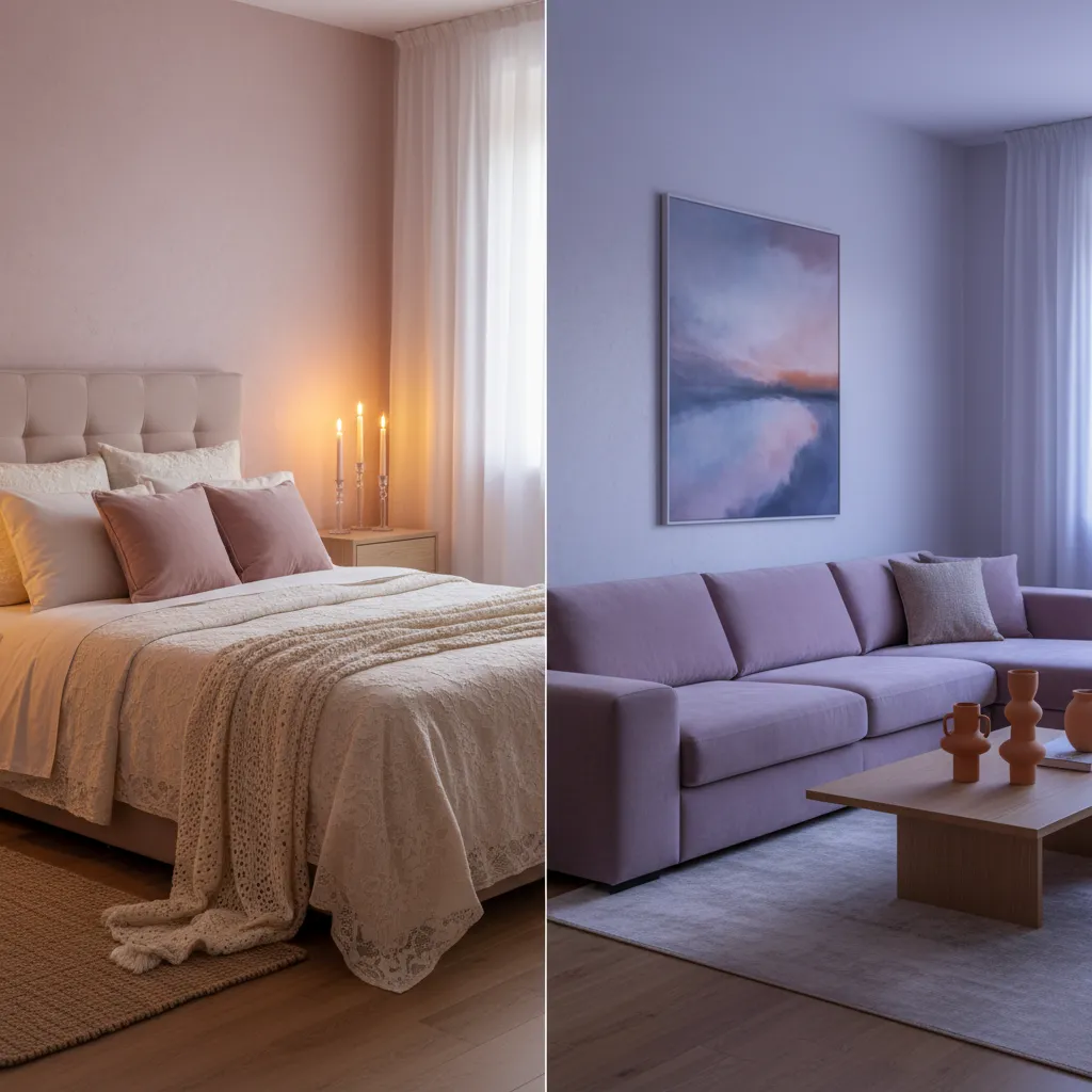 A comparison of coquette ballet pink and retro sunset apricot interior design color palettes.