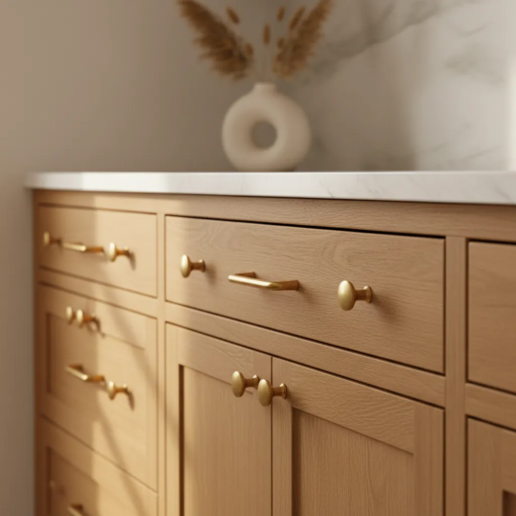 Unlacquered Brass Hardware on Oak Cabinets Close up of unlacquered brass cabinet pulls catching natural light on warm honey oak wood doors