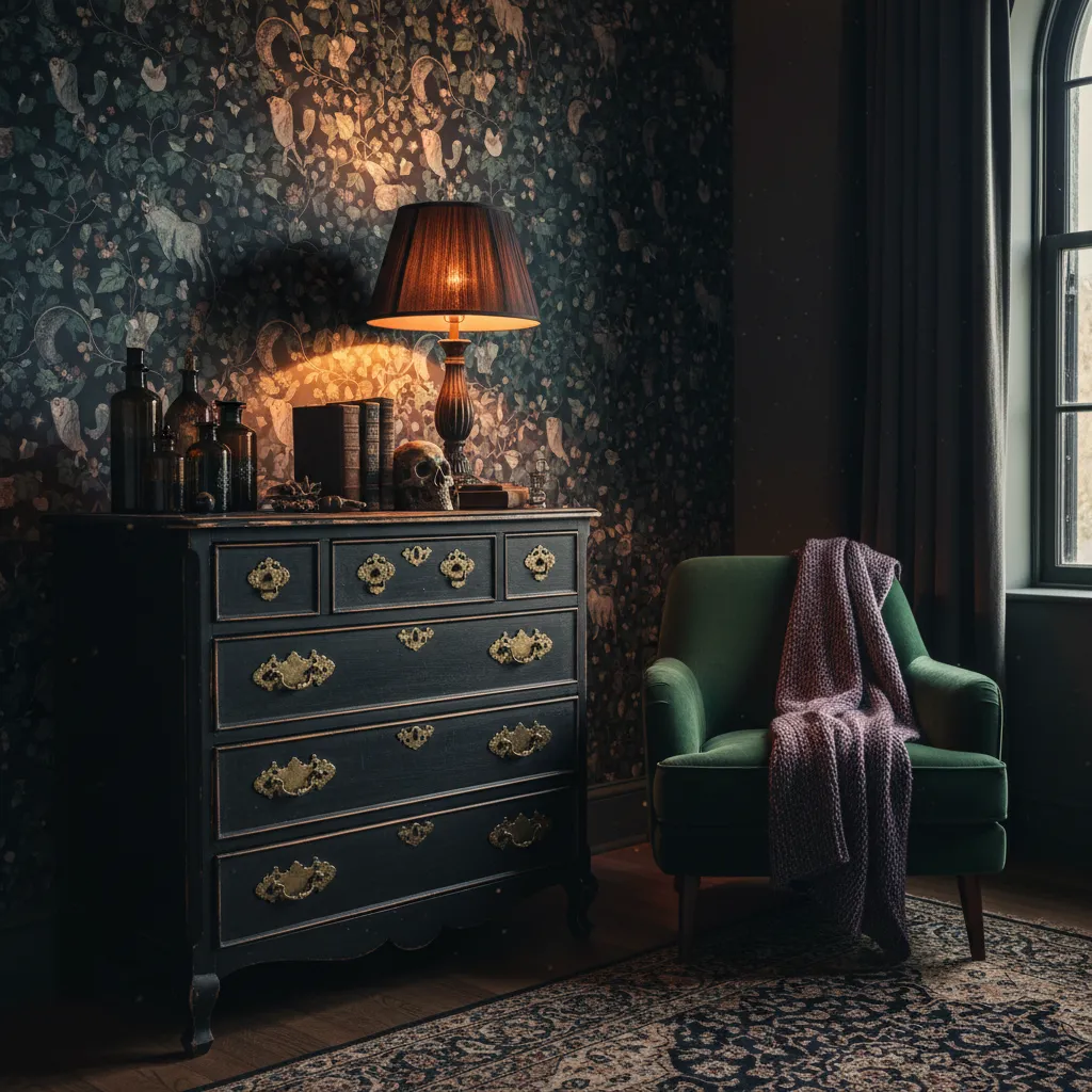 Upcycled Vintage Whimsigothic Bedroom Furniture Black painted vintage wooden dresser with brass hardware in a whimsigoth style bedroom