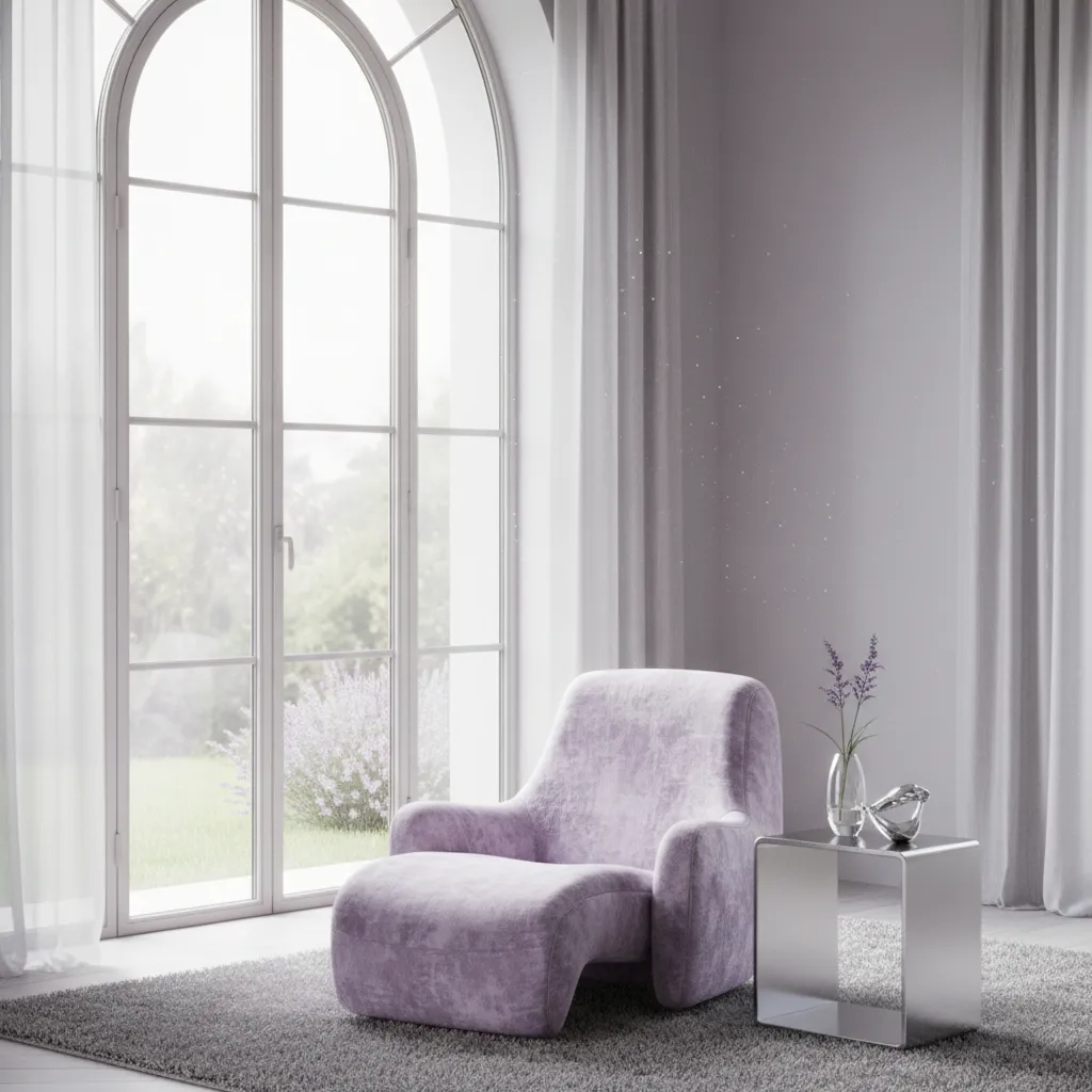 Lilac velvet chair paired with a silver side table in a bright room