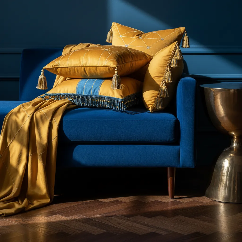 Close up of cobalt velvet and mustard silk textures in a modern home