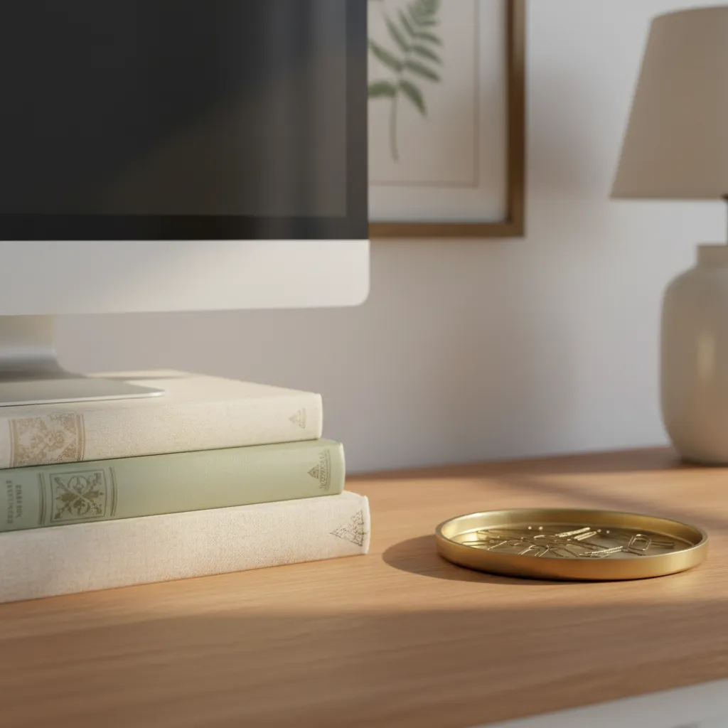 Vintage Books And Brass Accents Close up of stacked vintage books and a brass trinket tray on a wooden desk