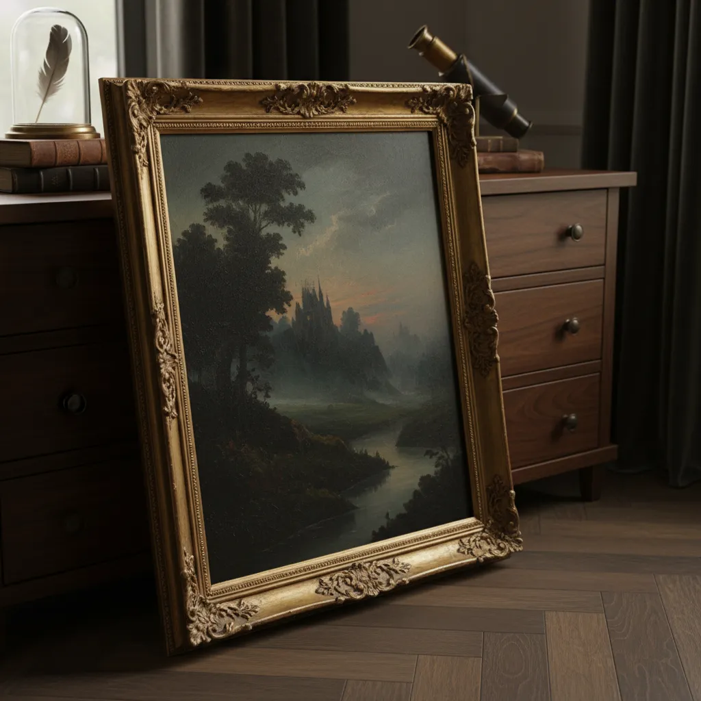 Vintage oil painting landscape in a thick brass frame on a dresser