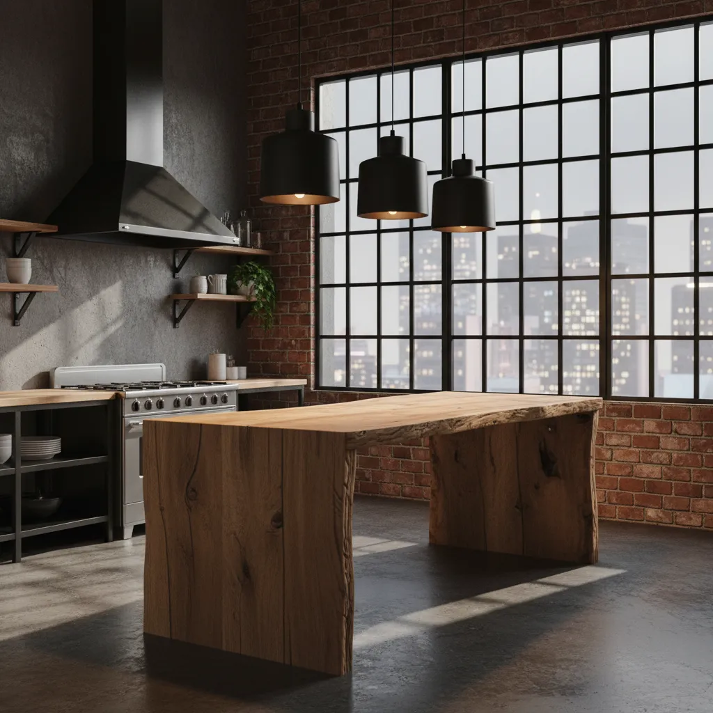 Matte black metal pendant lights hanging over a raw wood kitchen island