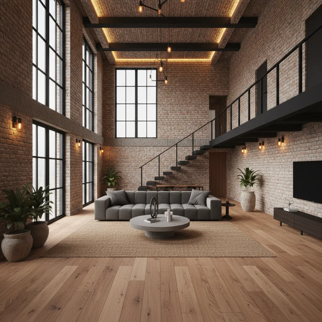 A well lit virtual industrial open loft featuring exposed brick and warm ambient lighting