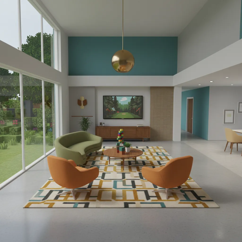 Airy virtual living room highlighting open walkways and a tight seating vignette