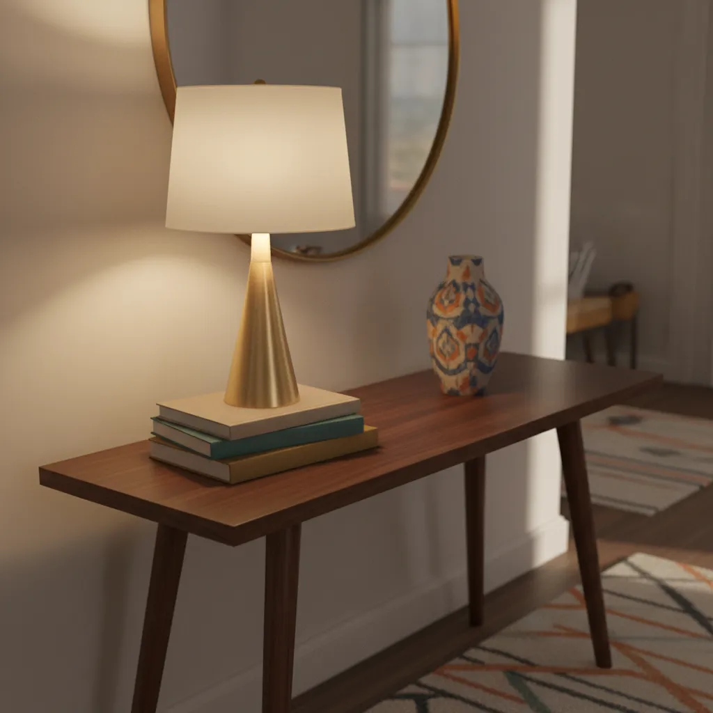 Close up of a virtual walnut console table with warm ambient lighting