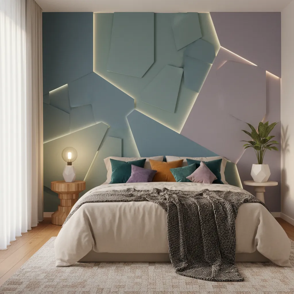 A cozy bedroom with low poly geometric decor and soft ambient lighting