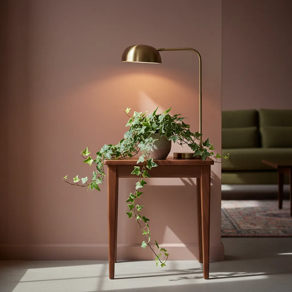 Walnut Table And Ivy Against Rose Wall Mid-century walnut side table with a trailing ivy plant against a dusty rose wall