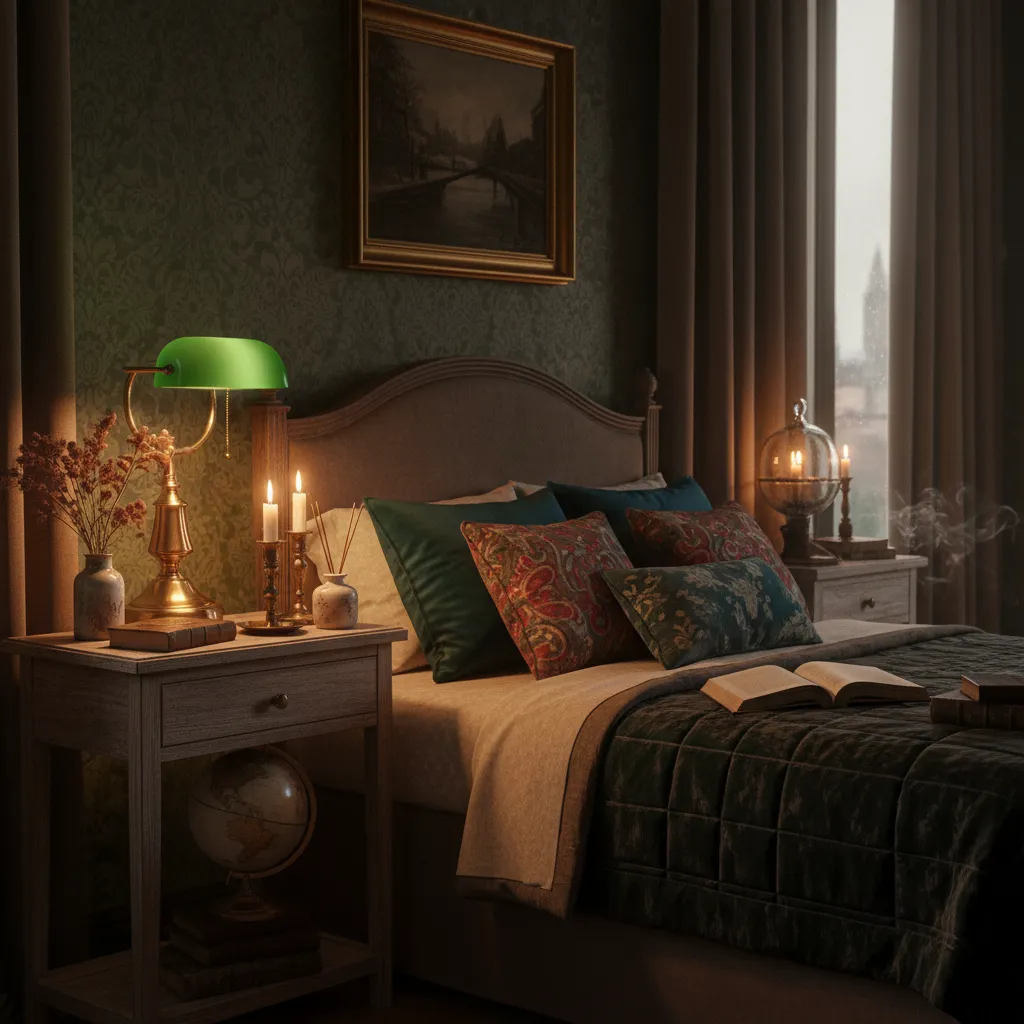 Moody dark academia bedroom with glowing amber lights, vintage brass lamps, and candles