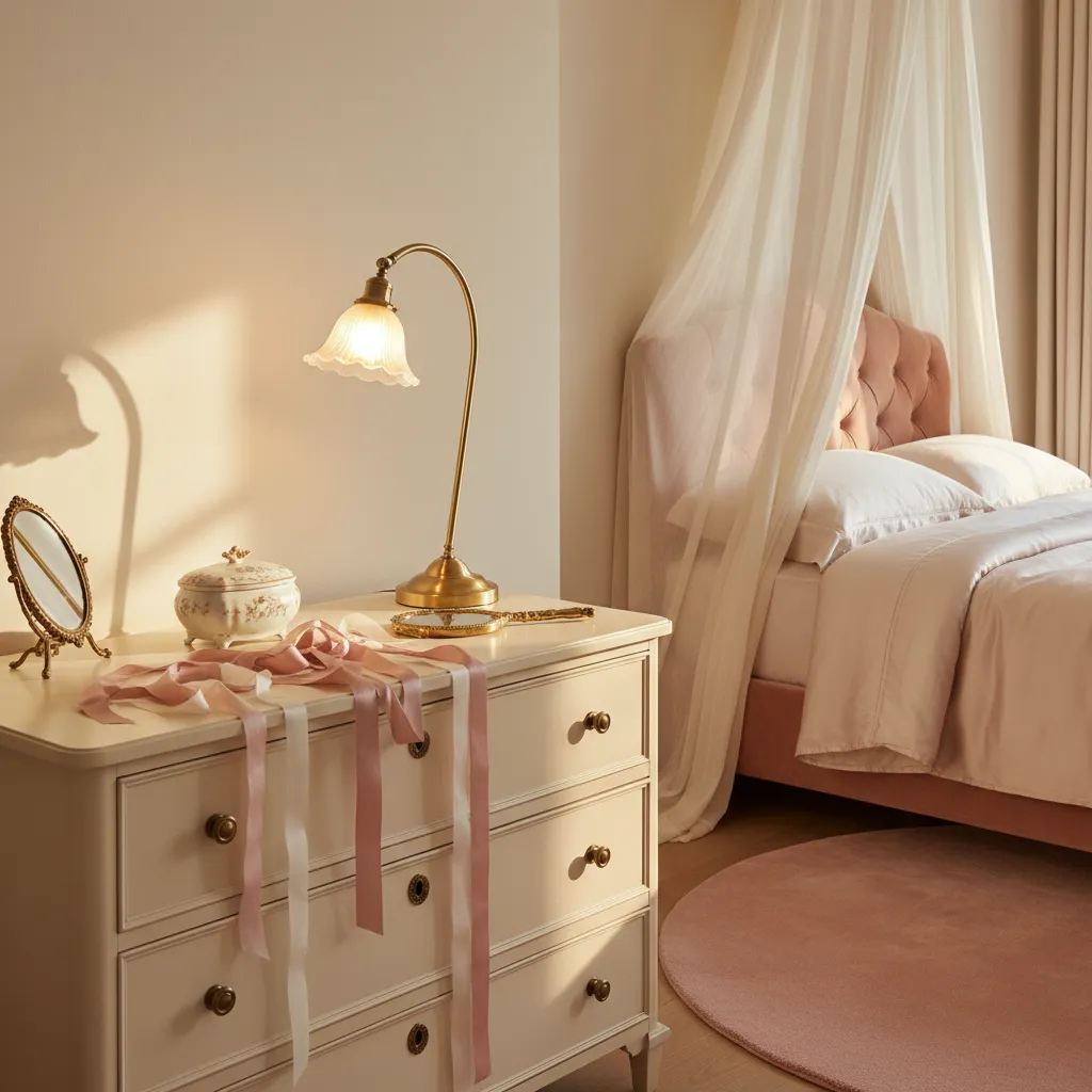 Brass lamp casting warm light on pink and cream decor