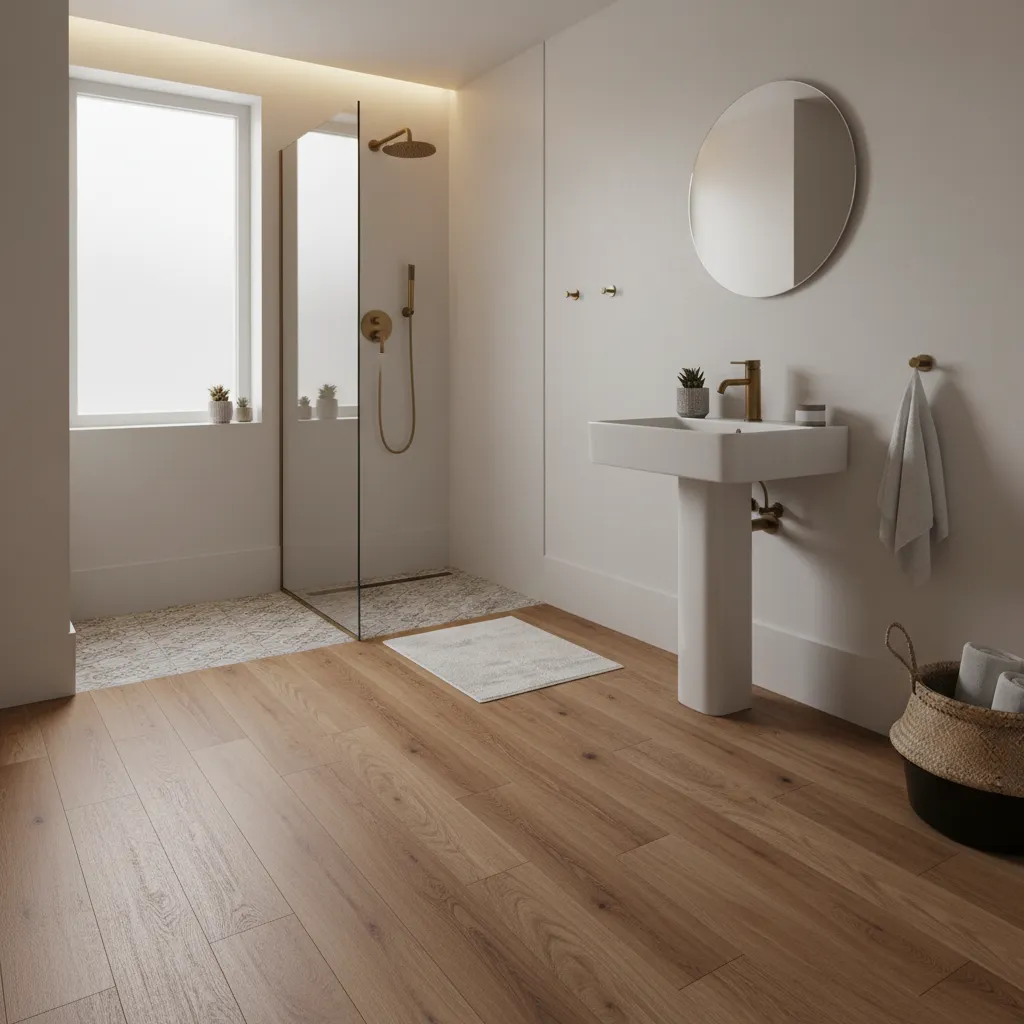 Modern bathroom with wood look sheet vinyl flooring over ugly tiles