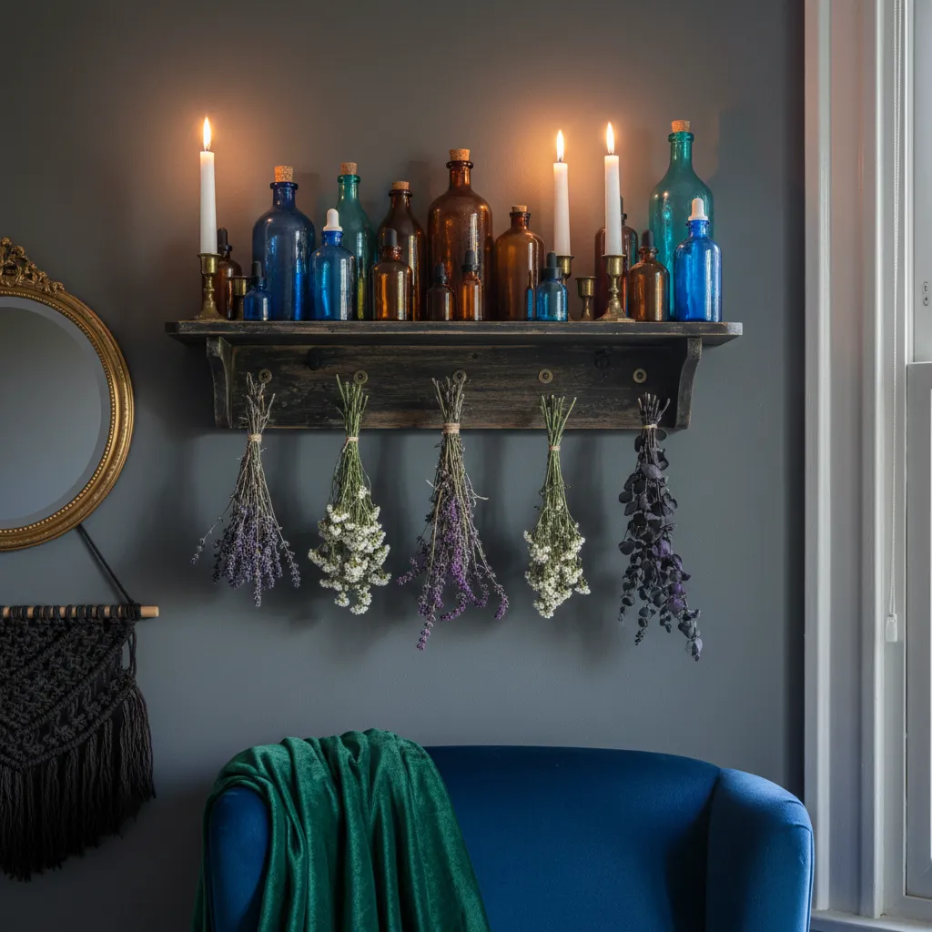 Whimsigothic Apothecary Shelf Decor Dark wood floating shelves styled with amber glass bottles and dried flowers for a whimsigothic bedroom