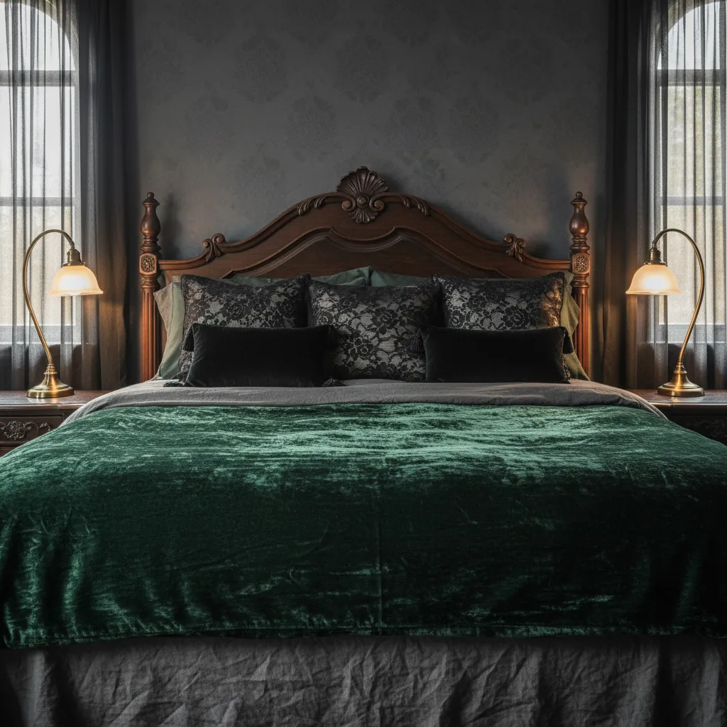 Whimsigothic Bedding With Velvet Moody whimsigothic bedroom featuring layered dark velvet bedding and lace pillows