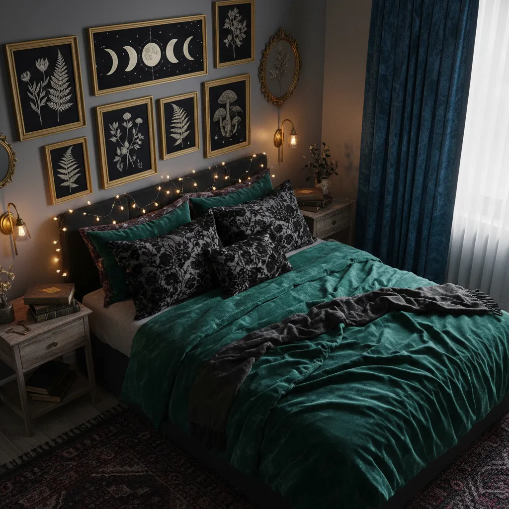 A moody whimsigothic bedroom featuring emerald velvet bedding and celestial wall art in ornate gold frames.