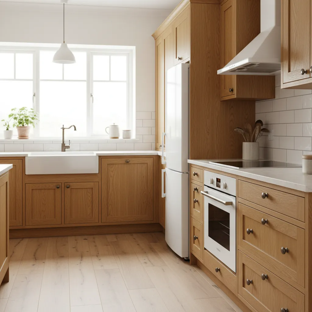 White Appliances With Oak Cabinetry White kitchen appliances paired with honey oak cabinets and dark bronze hardware