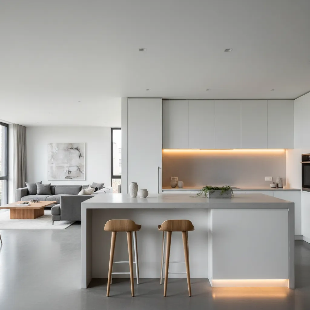 Modern white concrete kitchen island with bar seating in an open concept design