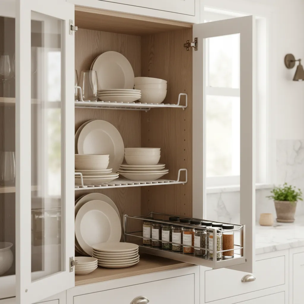 White Metal Shelf Risers White metal shelf risers organizing ceramic plates in a small kitchen cabinet