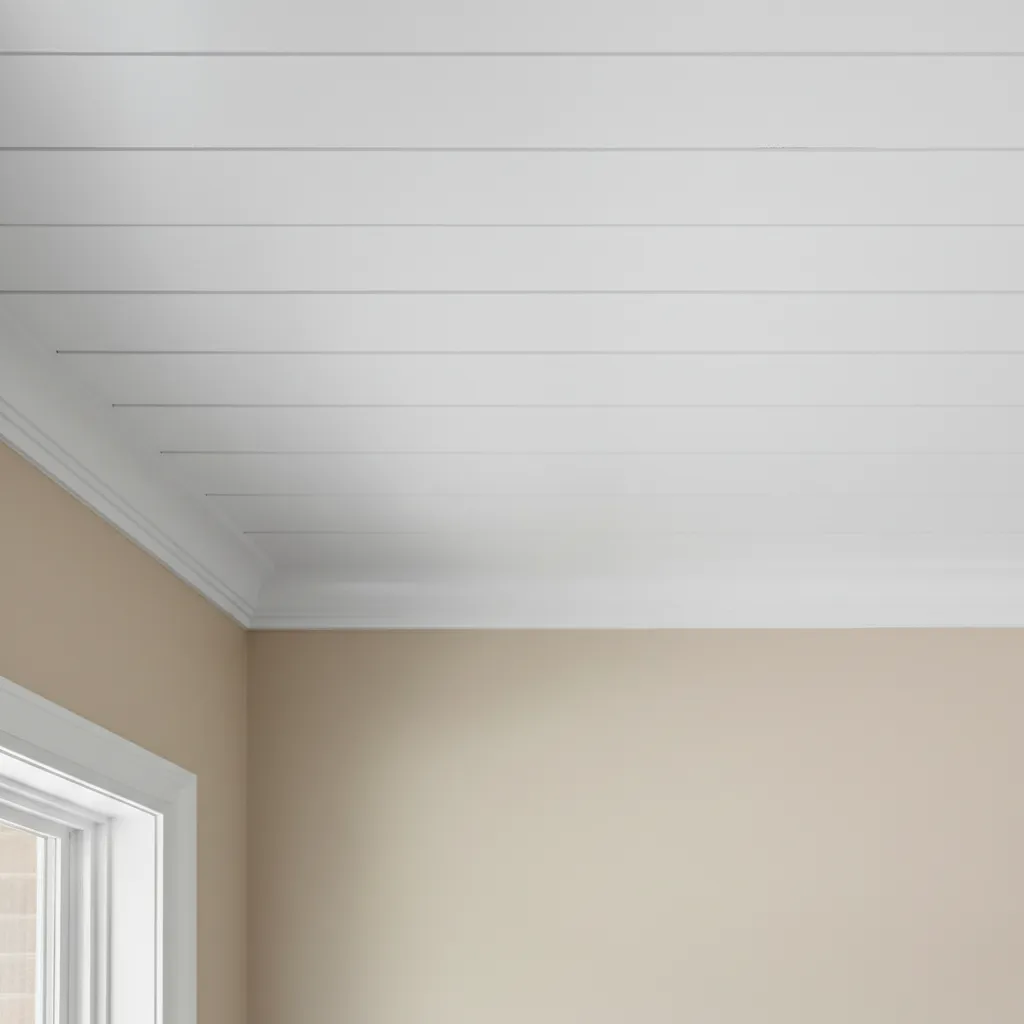 White Shiplap Ceiling Detail Close up of matte white shiplap ceiling with elegant crown molding