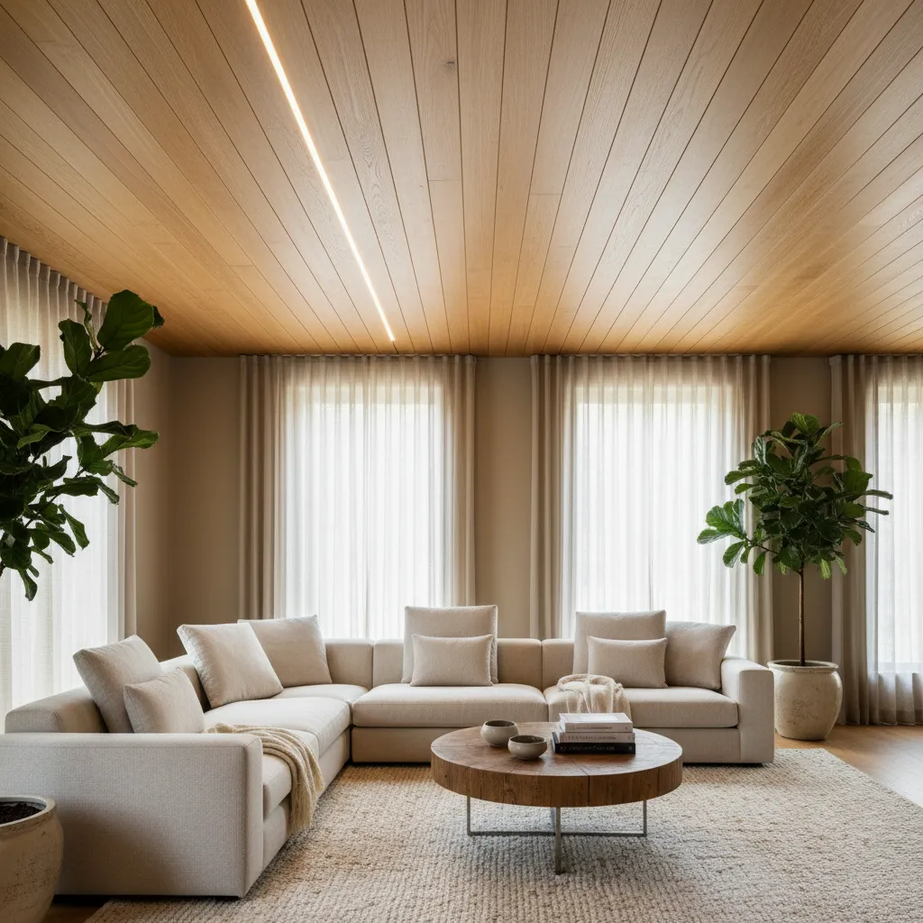 Wood Shiplap Covering Popcorn Ceiling Living room with a beautiful natural wood plank ceiling covering an old popcorn texture