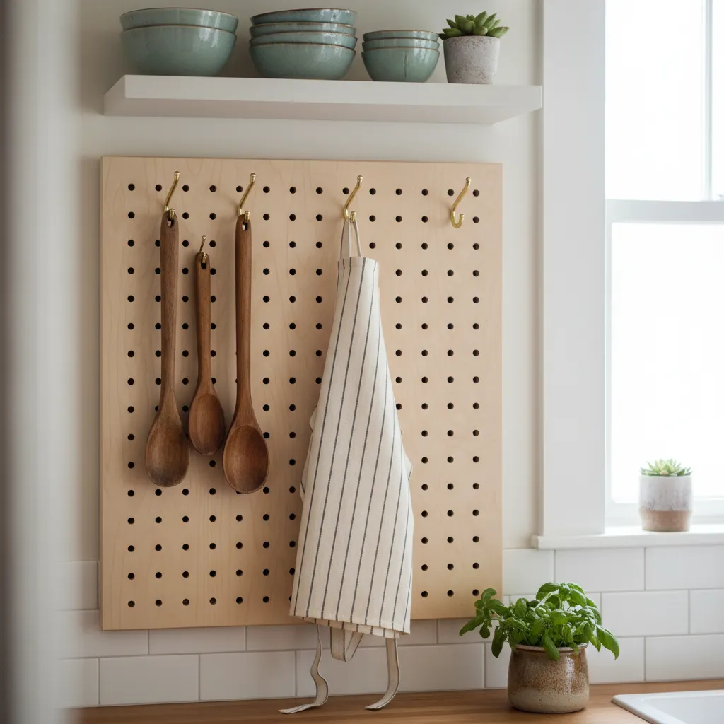 Wooden Kitchen Pegboard System Birch wood pegboard with brass hooks holding kitchen utensils