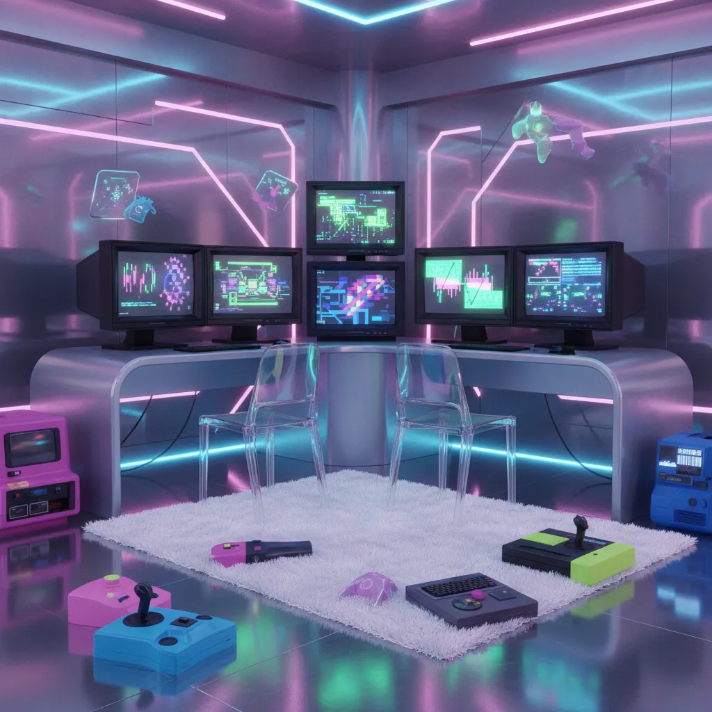 Y2K cybercore aesthetic gaming den with neon lighting and metallic finishes